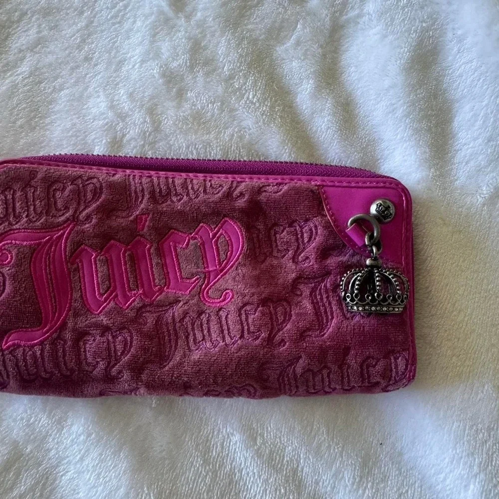Y2K‎ vintage pink velour Juicy Couture zip-around wallet with crown charm